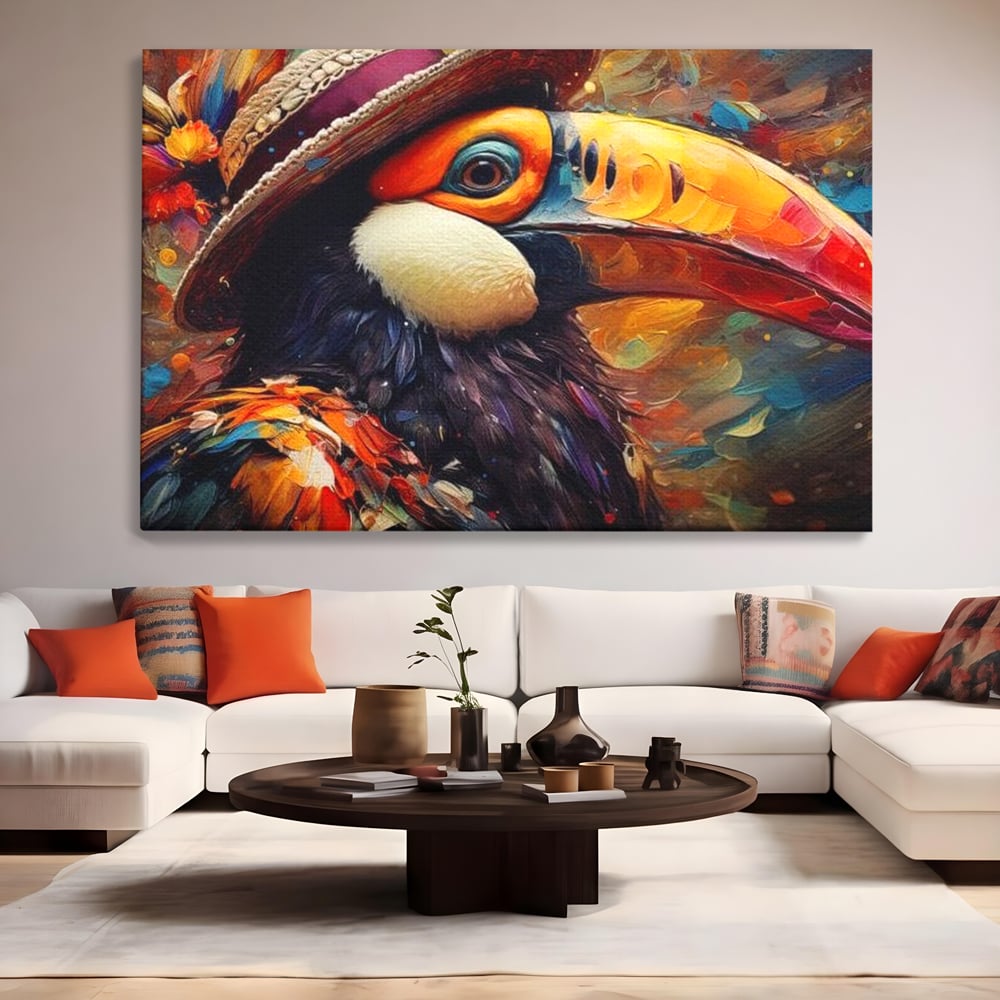 Tablou canvas cu tablou cu portret de tucan cu palarie, fara rama, pe sasiu de lemn, pe perete intr-un living